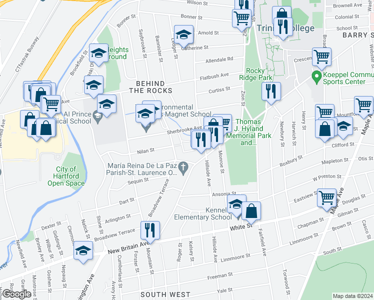 map of restaurants, bars, coffee shops, grocery stores, and more near 105 Sherbrooke Avenue in Hartford