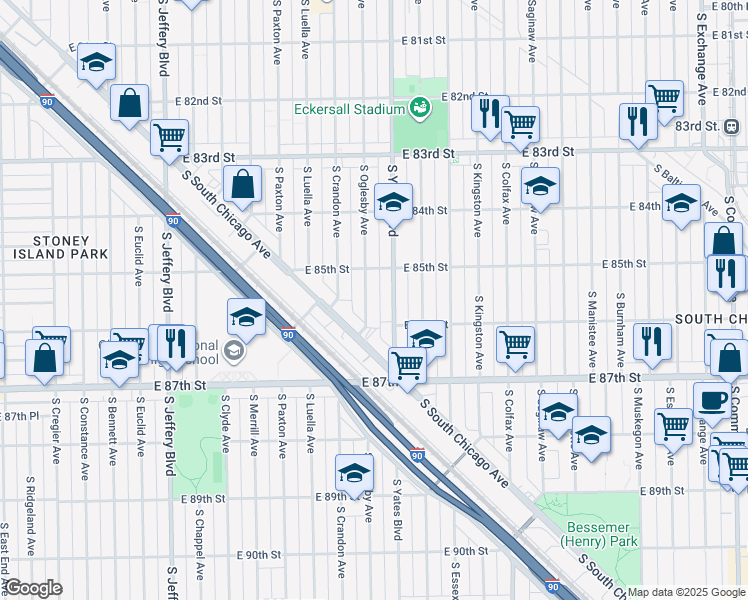 map of restaurants, bars, coffee shops, grocery stores, and more near 8505 South Oglesby Avenue in Chicago