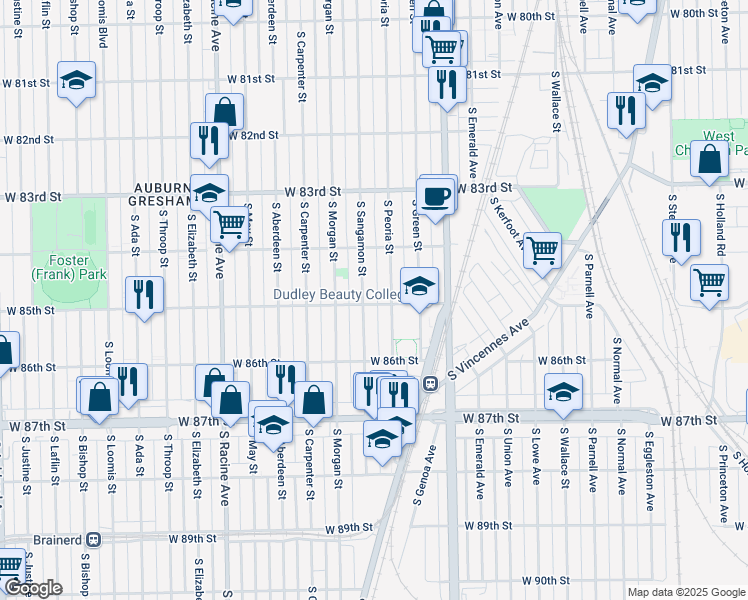 map of restaurants, bars, coffee shops, grocery stores, and more near 8432 South Peoria Street in Chicago