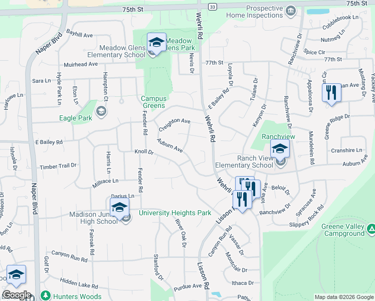 map of restaurants, bars, coffee shops, grocery stores, and more near 1406 Duquesne Avenue in Naperville