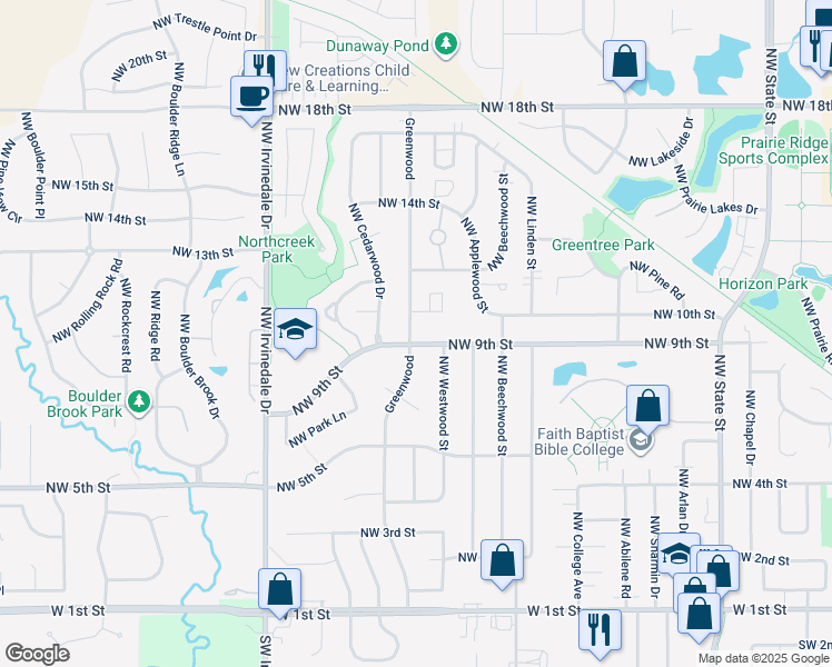 map of restaurants, bars, coffee shops, grocery stores, and more near 1101 Northwest Greenwood Street in Ankeny