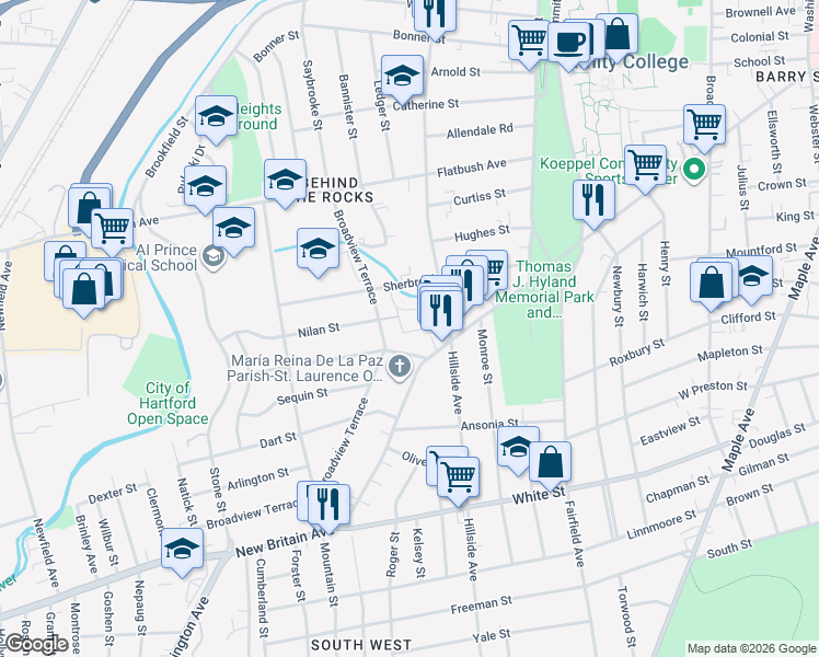 map of restaurants, bars, coffee shops, grocery stores, and more near 105 Sherbrooke Avenue in Hartford