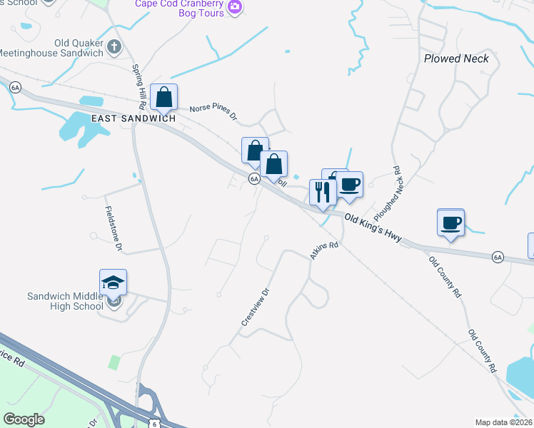 map of restaurants, bars, coffee shops, grocery stores, and more near 390 Massachusetts 6A in Sandwich