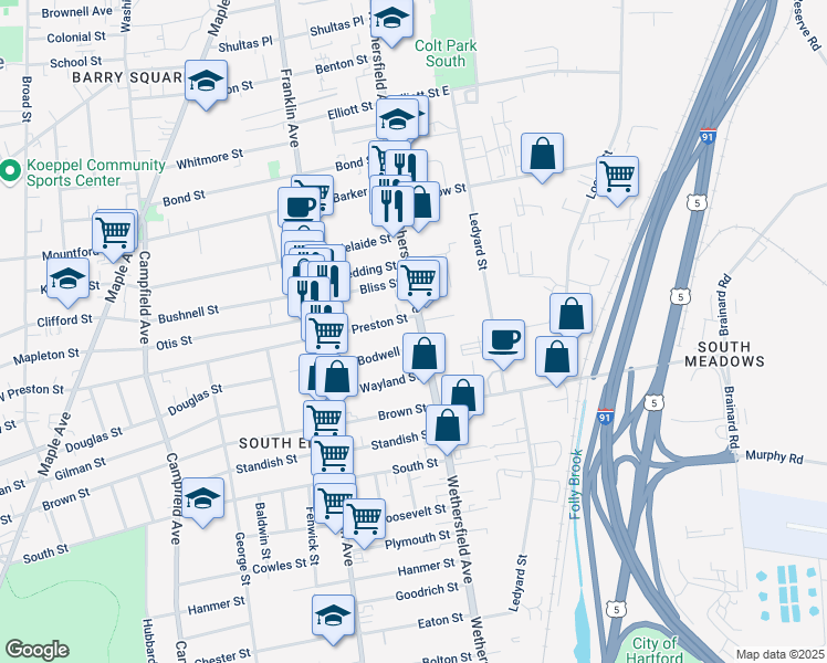 map of restaurants, bars, coffee shops, grocery stores, and more near 585 Wethersfield Avenue in Hartford