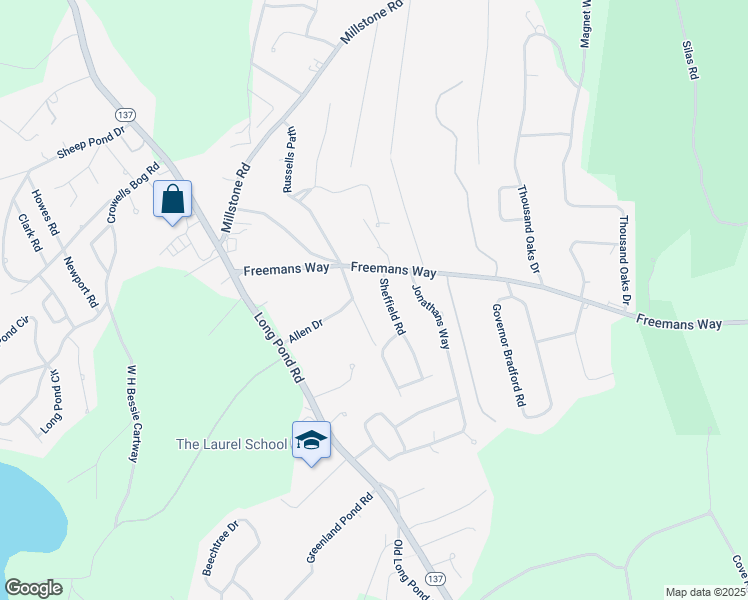 map of restaurants, bars, coffee shops, grocery stores, and more near 36 Sheffield Road in Brewster