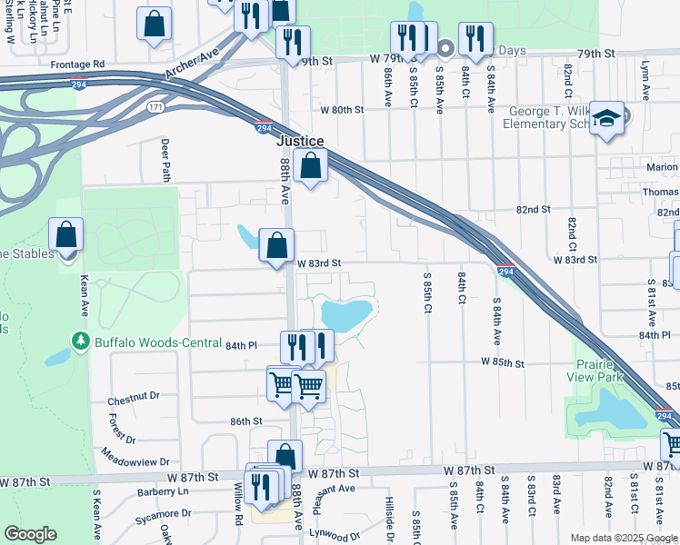 map of restaurants, bars, coffee shops, grocery stores, and more near Hickory Trace Drive in Justice