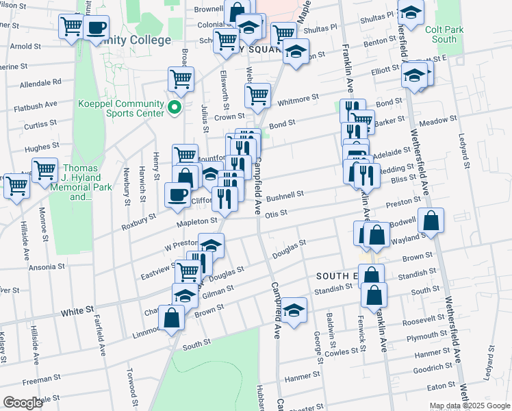 map of restaurants, bars, coffee shops, grocery stores, and more near 80 Campfield Avenue in Hartford