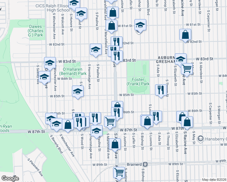 map of restaurants, bars, coffee shops, grocery stores, and more near 8401 South Ashland Avenue in Chicago