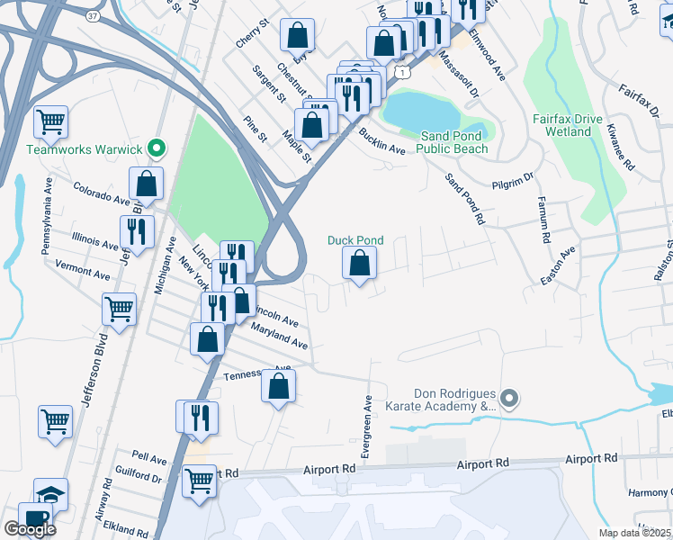 map of restaurants, bars, coffee shops, grocery stores, and more near 75 Minnesota Avenue in Warwick