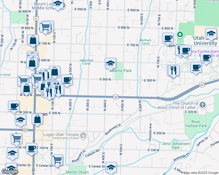 map of restaurants, bars, coffee shops, grocery stores, and more near 454 North 400 East in Logan