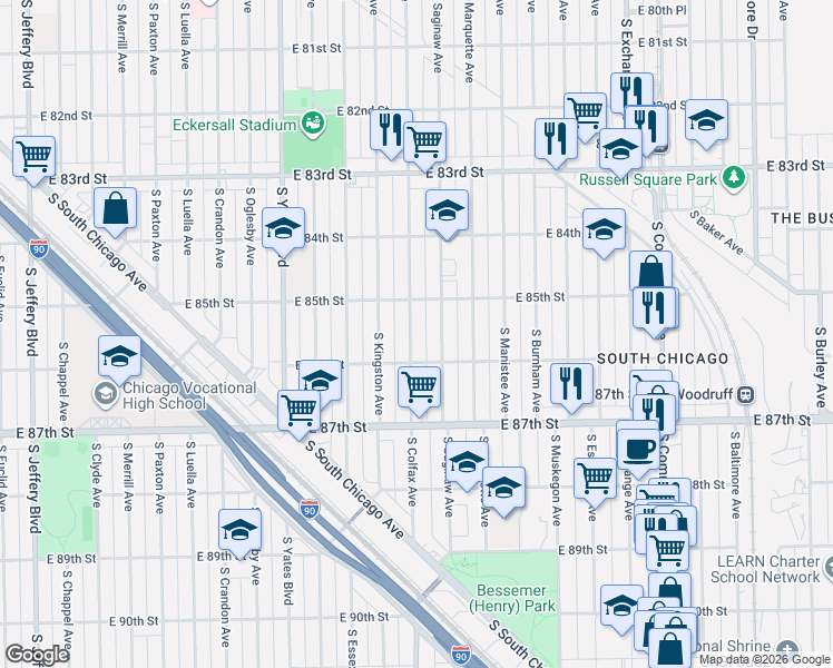 map of restaurants, bars, coffee shops, grocery stores, and more near 8533 South Colfax Avenue in Chicago