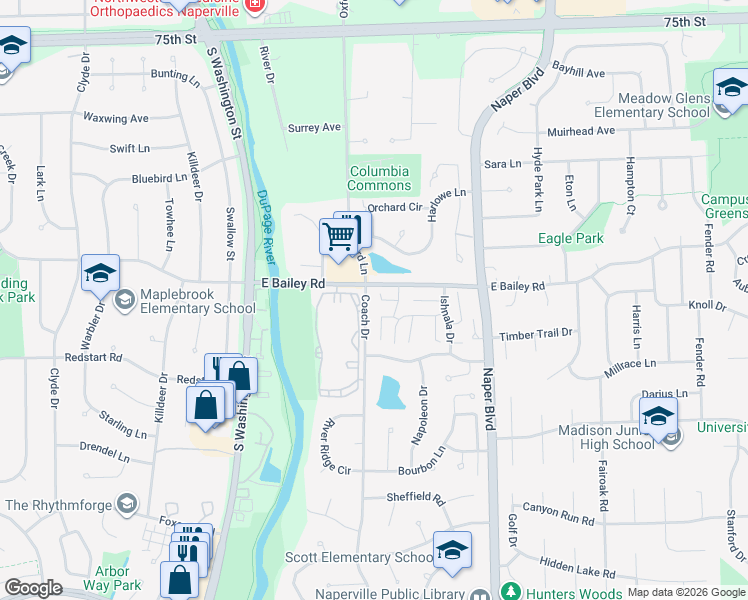 map of restaurants, bars, coffee shops, grocery stores, and more near 412 East Bailey Road in Naperville