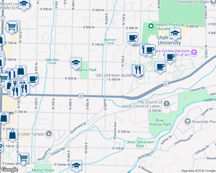 map of restaurants, bars, coffee shops, grocery stores, and more near 604 East 500 North in Logan
