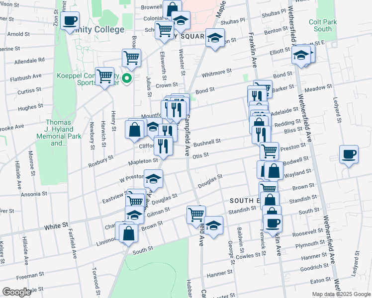 map of restaurants, bars, coffee shops, grocery stores, and more near 80 Campfield Avenue in Hartford