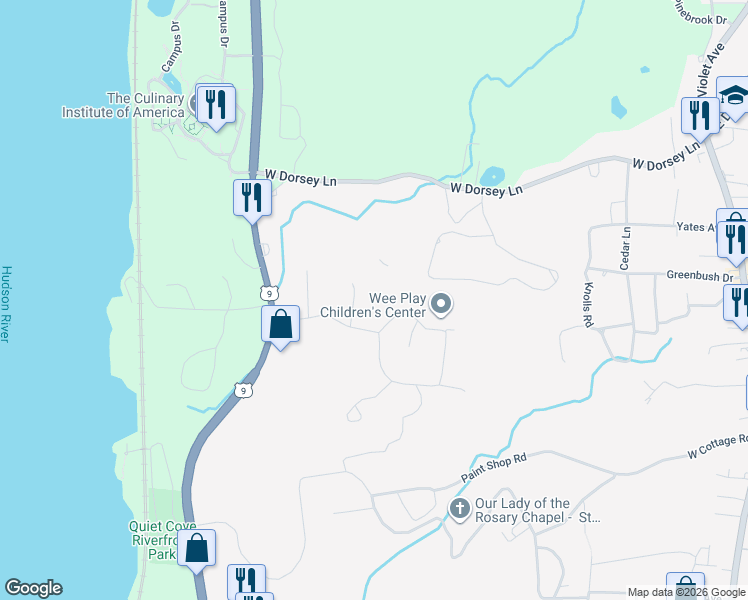 map of restaurants, bars, coffee shops, grocery stores, and more near 3(43E Hook Road in Poughkeepsie