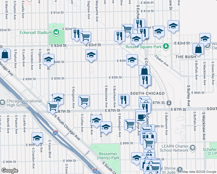 map of restaurants, bars, coffee shops, grocery stores, and more near 8512 South Burnham Avenue in Chicago