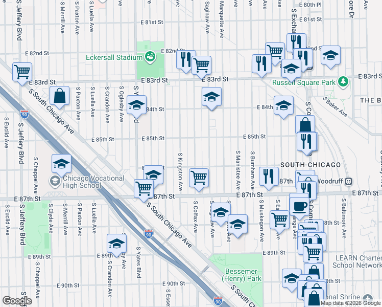 map of restaurants, bars, coffee shops, grocery stores, and more near 8513 South Colfax Avenue in Chicago