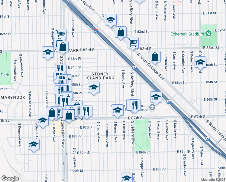 map of restaurants, bars, coffee shops, grocery stores, and more near 8501 South Constance Avenue in Chicago