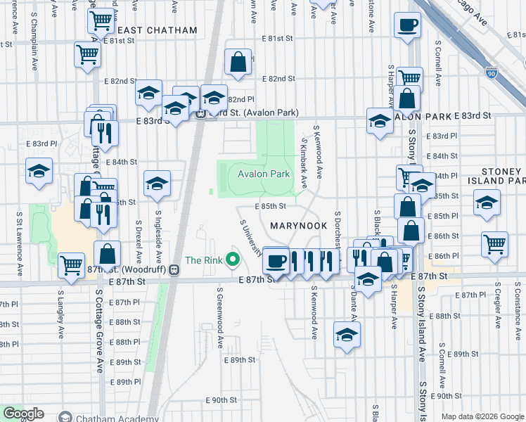 map of restaurants, bars, coffee shops, grocery stores, and more near 1150 East 85th Street in Chicago