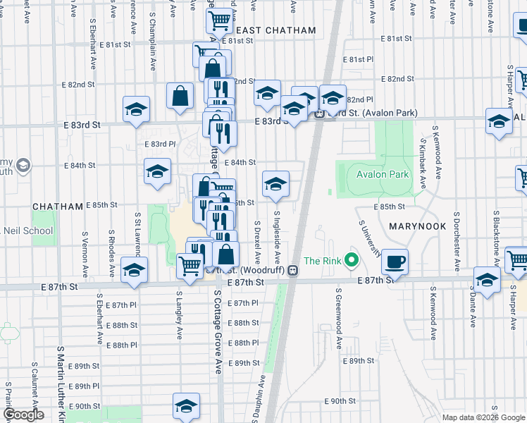 map of restaurants, bars, coffee shops, grocery stores, and more near 8458 South Ingleside Avenue in Chicago