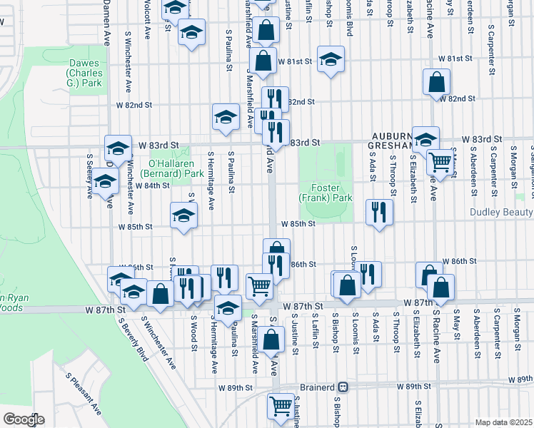 map of restaurants, bars, coffee shops, grocery stores, and more near 8401 South Ashland Avenue in Chicago
