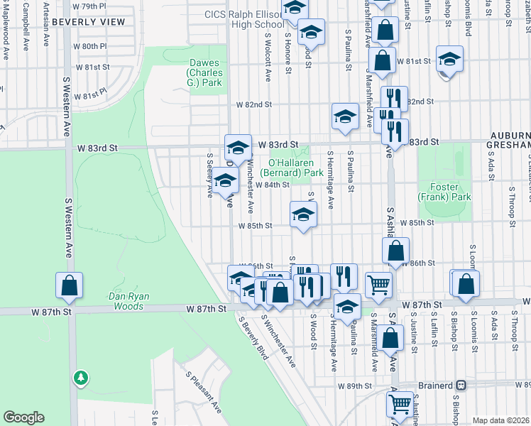 map of restaurants, bars, coffee shops, grocery stores, and more near 8422 South Wolcott Avenue in Chicago