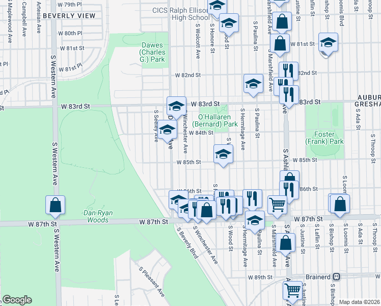 map of restaurants, bars, coffee shops, grocery stores, and more near 8420 South Winchester Avenue in Chicago