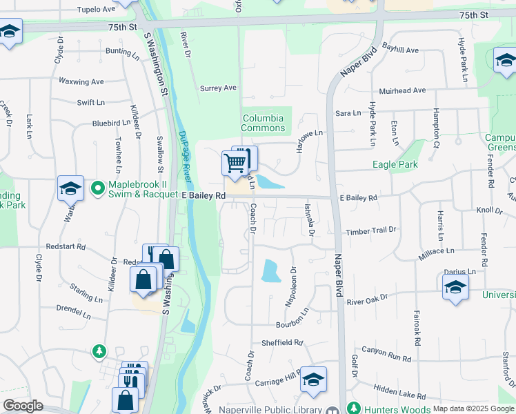 map of restaurants, bars, coffee shops, grocery stores, and more near 412 East Bailey Road in Naperville
