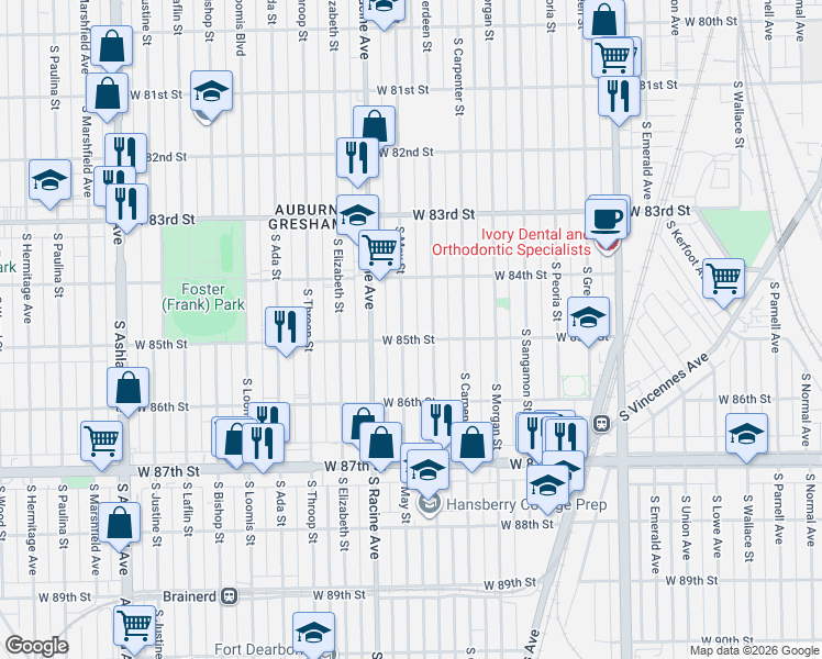map of restaurants, bars, coffee shops, grocery stores, and more near 8428 South May Street in Chicago