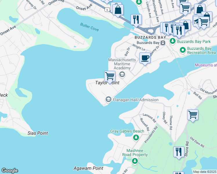 map of restaurants, bars, coffee shops, grocery stores, and more near 101 Academy Drive in Bourne