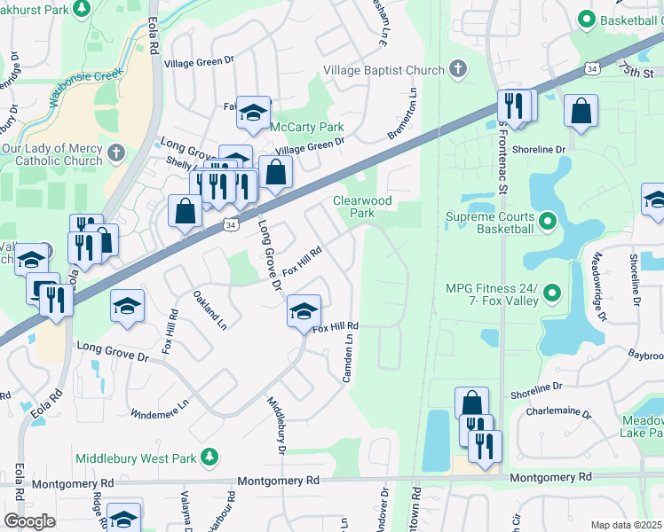 map of restaurants, bars, coffee shops, grocery stores, and more near 865 Camden Lane in Aurora