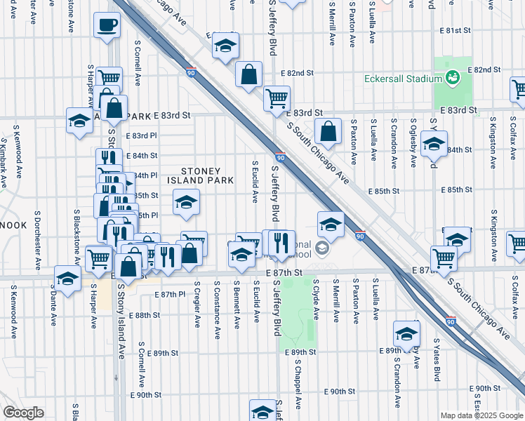 map of restaurants, bars, coffee shops, grocery stores, and more near 8504 South Jeffery Boulevard in Chicago