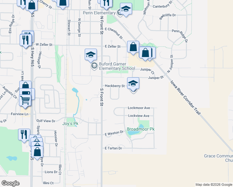 map of restaurants, bars, coffee shops, grocery stores, and more near 125 Hackberry Street in North Liberty