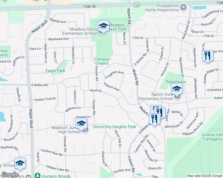 map of restaurants, bars, coffee shops, grocery stores, and more near 1334 Duquesne Avenue in Naperville