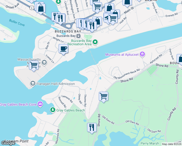 map of restaurants, bars, coffee shops, grocery stores, and more near 2 Bell Road in Bourne
