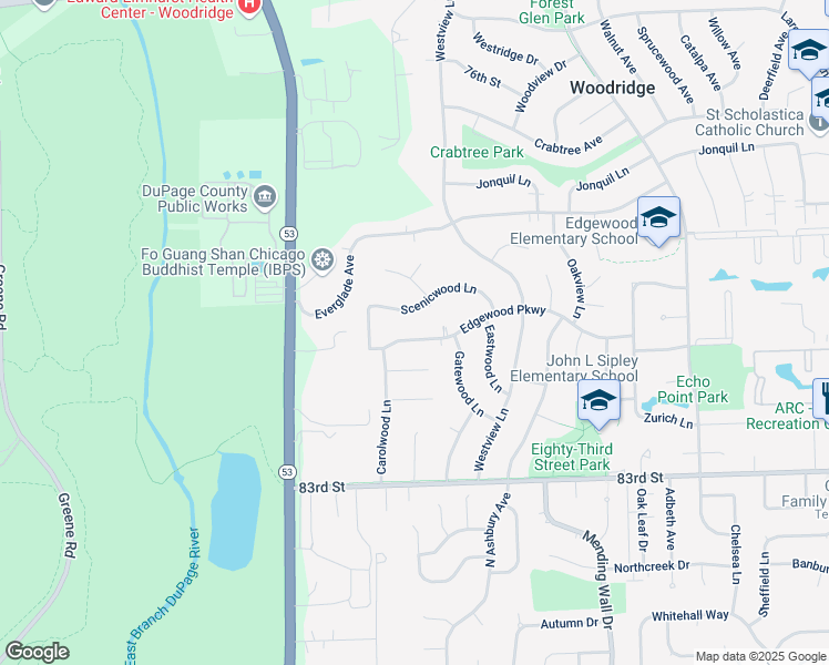 map of restaurants, bars, coffee shops, grocery stores, and more near 3110 Edgewood Parkway in Woodridge