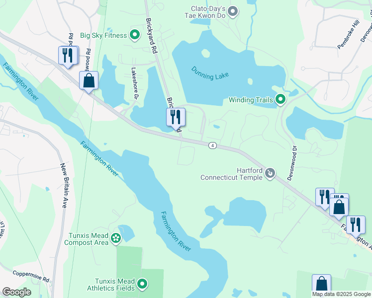 map of restaurants, bars, coffee shops, grocery stores, and more near 1 Bridgewater Road in Farmington