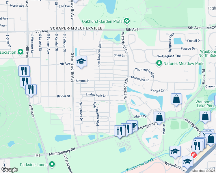 map of restaurants, bars, coffee shops, grocery stores, and more near 1715 Town Center Street in Aurora