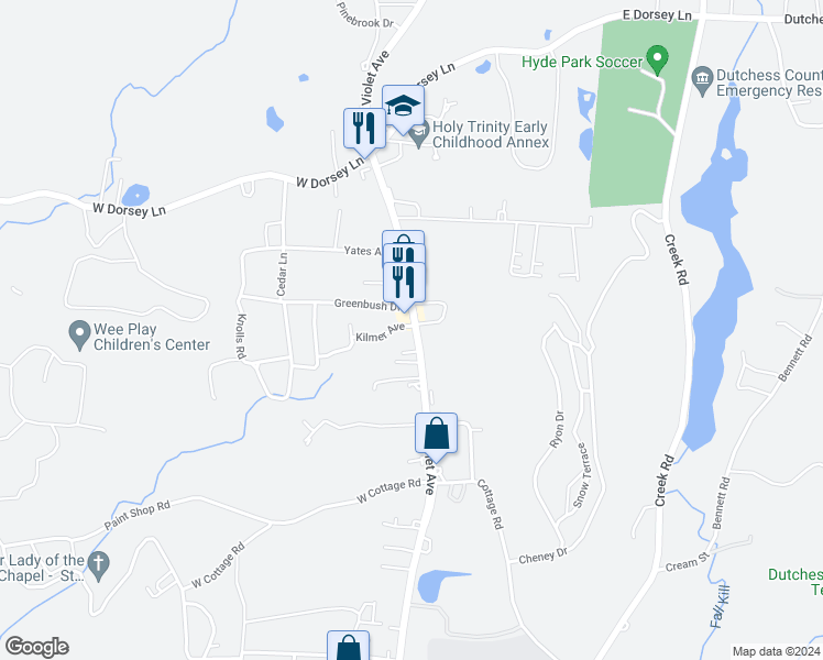 map of restaurants, bars, coffee shops, grocery stores, and more near 405 Violet Avenue in Poughkeepsie