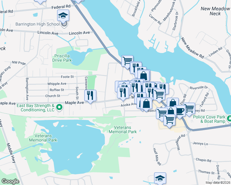map of restaurants, bars, coffee shops, grocery stores, and more near 173R Maple Avenue in Barrington