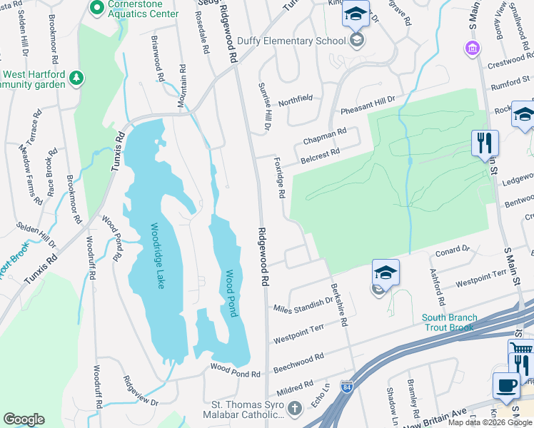 map of restaurants, bars, coffee shops, grocery stores, and more near 229 Ridgewood Road in West Hartford