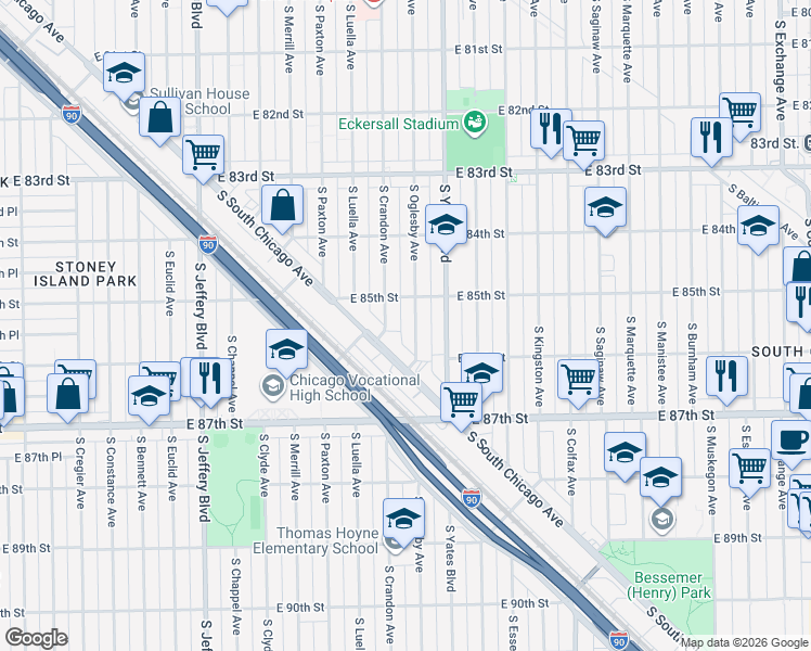 map of restaurants, bars, coffee shops, grocery stores, and more near 8505 South Oglesby Avenue in Chicago