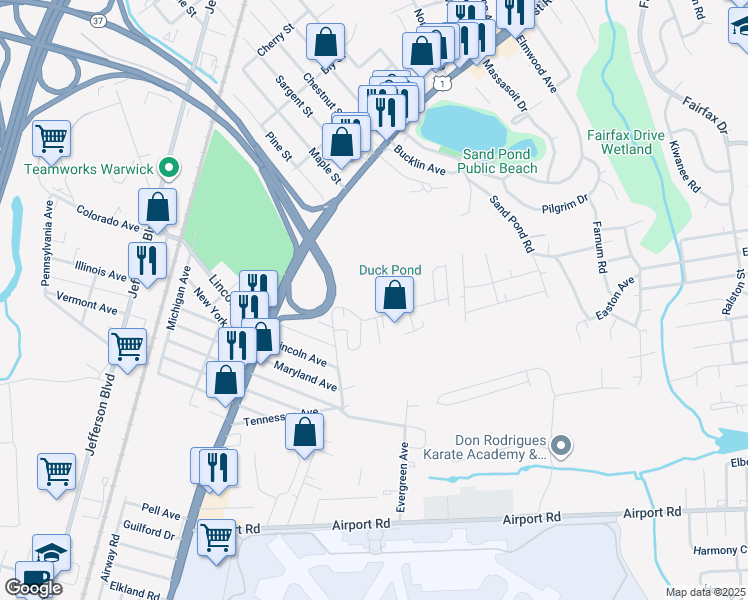 map of restaurants, bars, coffee shops, grocery stores, and more near 75 Minnesota Avenue in Warwick