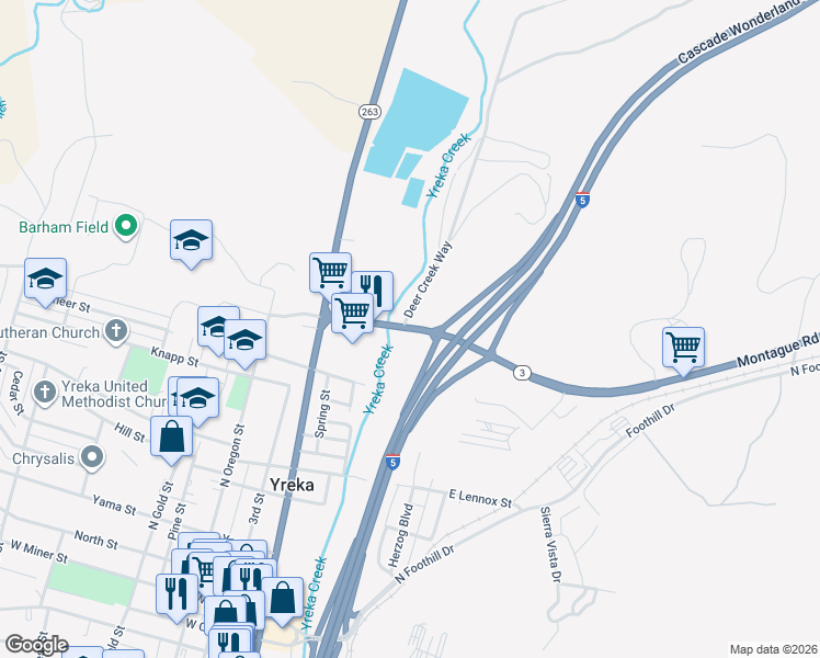 map of restaurants, bars, coffee shops, grocery stores, and more near 207 Highway 3 in Yreka
