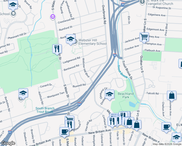 map of restaurants, bars, coffee shops, grocery stores, and more near 10 Cassilis Road in West Hartford