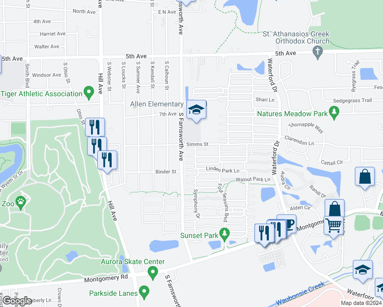 map of restaurants, bars, coffee shops, grocery stores, and more near 813 Symphony Drive in Aurora