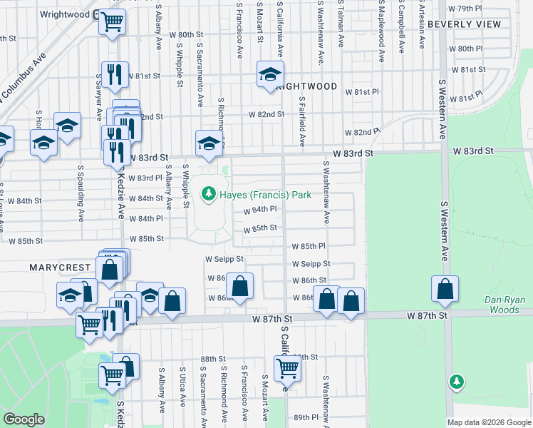 map of restaurants, bars, coffee shops, grocery stores, and more near 2812 West 84th Place in Chicago