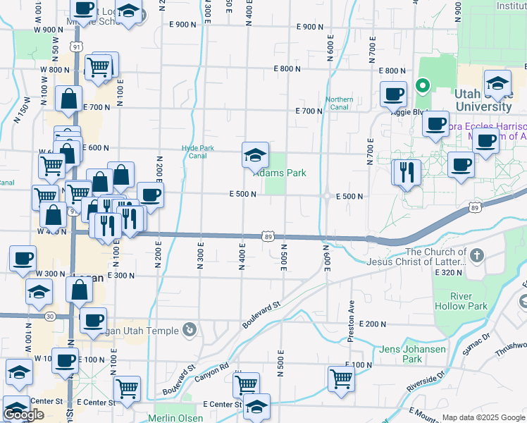 map of restaurants, bars, coffee shops, grocery stores, and more near 430 East 500 North in Logan