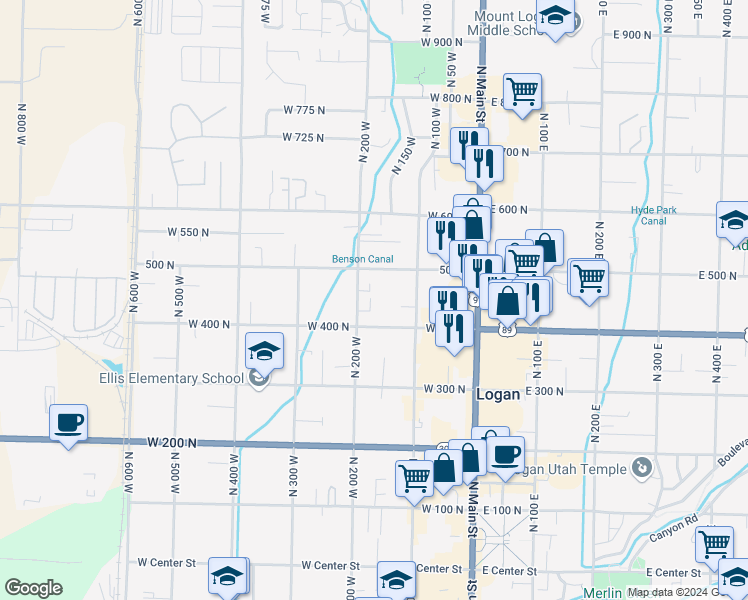 map of restaurants, bars, coffee shops, grocery stores, and more near 156 West 500 North in Logan