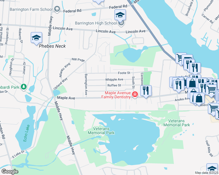 map of restaurants, bars, coffee shops, grocery stores, and more near 102 Roffee Street in Barrington